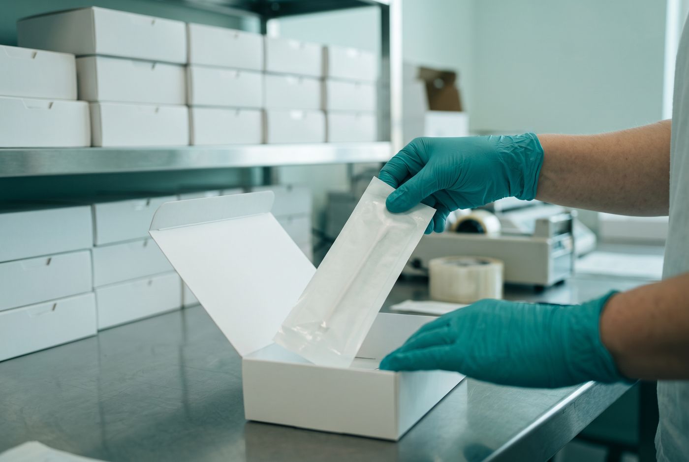 Hands in teal gloves placing a sealed sterile swab into a kit box on a stainless steel bench, with finished kits stacked in the background.
