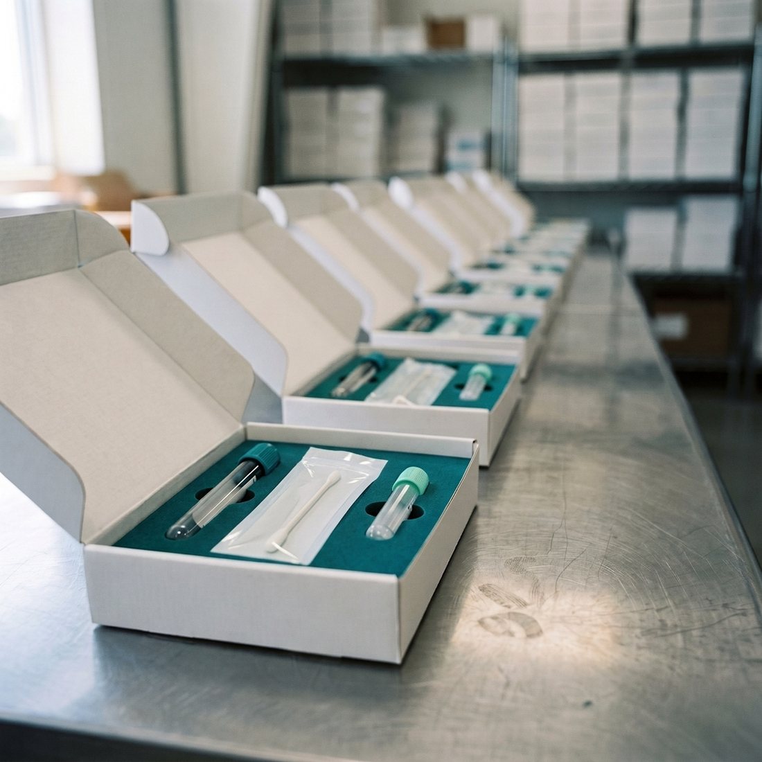 Row of identical open KITRIVO collection kits on a stainless steel bench, each with a blood tube, sterile swab, and saliva tube in teal foam; shelves of finished kits in the background.